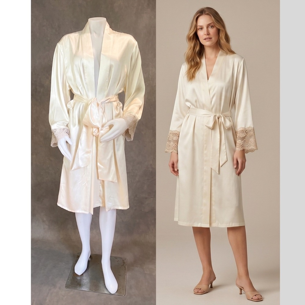 Julianna Rae Silk Robe Ivory Cream Lace Sleeve L/XL Loungewear Bridal Luxury EUC